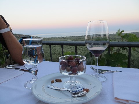 Auch Oliven und Wein lassen sich bestens auf des Terasse genießen. Die Oliven hatten es nicht weit, bis ans Meer nur Olivenbäume!